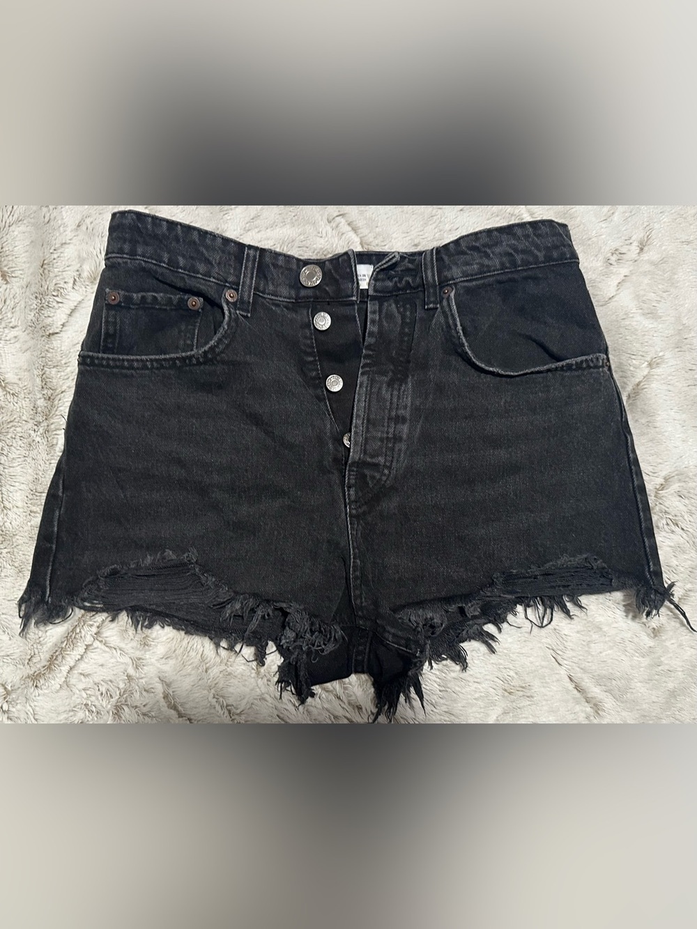 Zara High Rise Black Wash Raw Hem Distressed Denim Jean Shorts - Picture 3 of 12